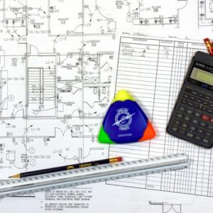 a close-up of a pencil, an architect's ruler, a pocket calculator, a multi-colour highlighter, a floor plan, and a parts list table
