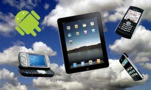 photos of three smart phones, an iPad, and an Android OS logo, on a background of clouds