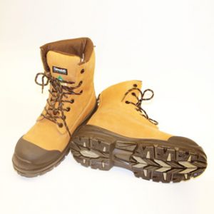 Photo of a pair of steel toe green patch mid-calf work boots