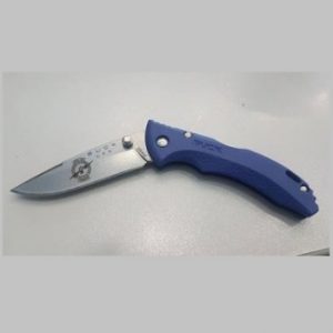 Photo of a lock-back buck knife with blue handle and IBEW logo on the blade