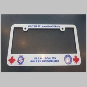 Photo of a white licence plate frame with IBEW local 353 logos, maple leaves printed on it